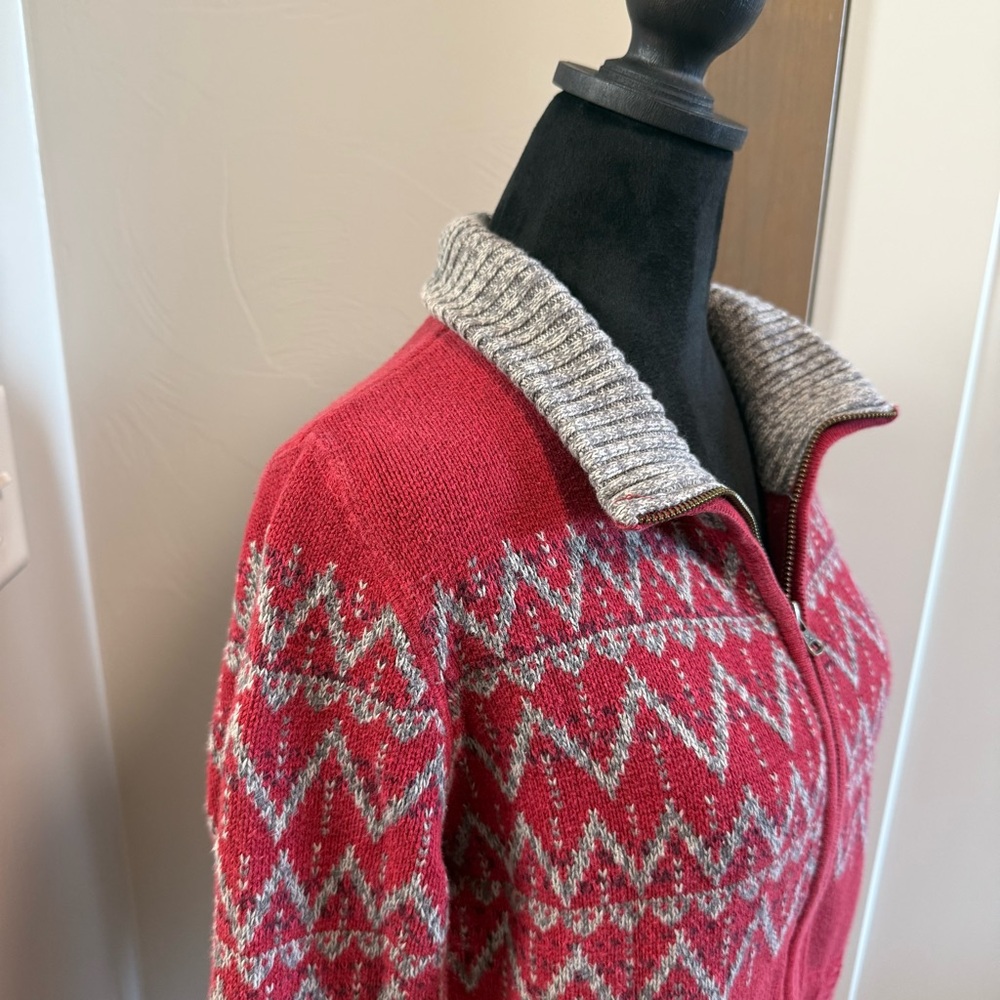 Eddie Bauer Full Zip Fair Isle Collared Grey Red Sweater Christmas Winter Knit L - Picture 6 of 8